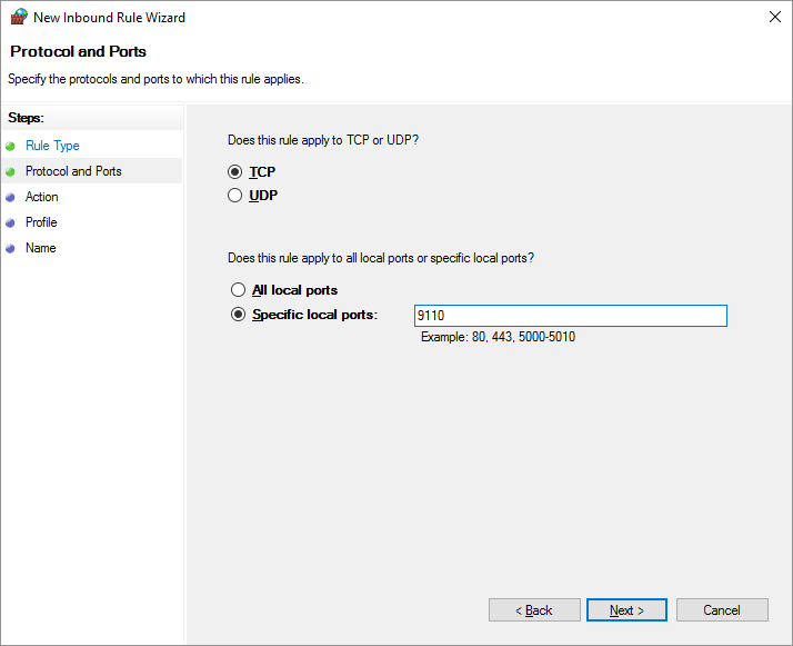 Open inbound TCP port 9110