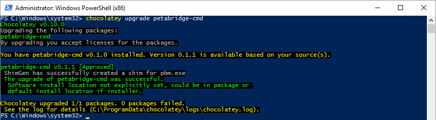 Petabridge.Cmd successful upgrade via Chocolatey